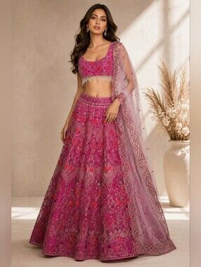 Rose Pink Net Sequins embroidered Flared Style Lehenga Choli - Size 10